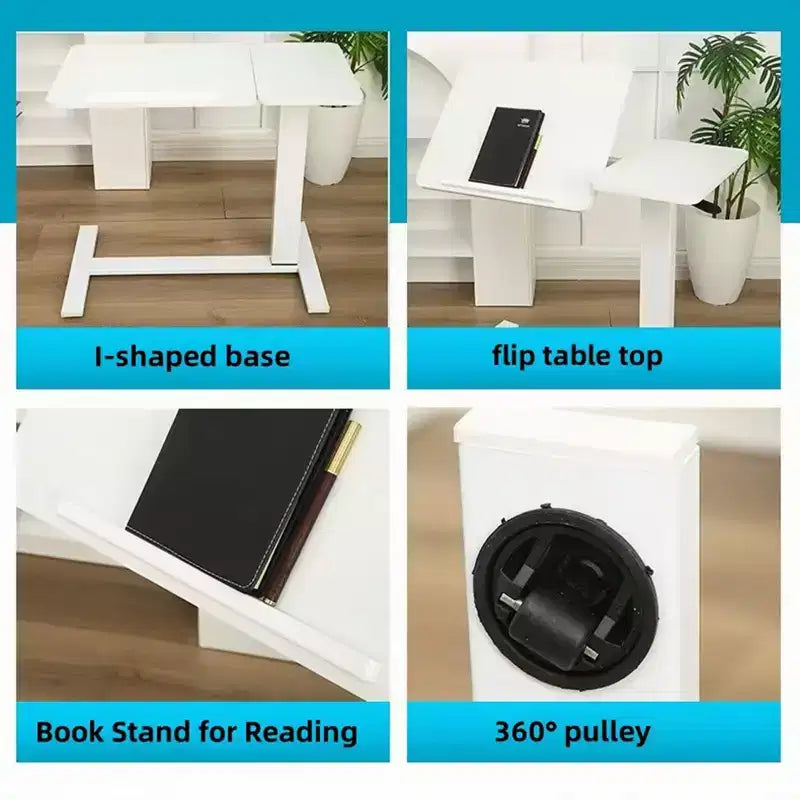 Overbed Bedside Desk Table End Table Mobile Rolling Laptop Stand Height Adjustable Tray Table for Bed Sofa, White, 31.5*15.7*40