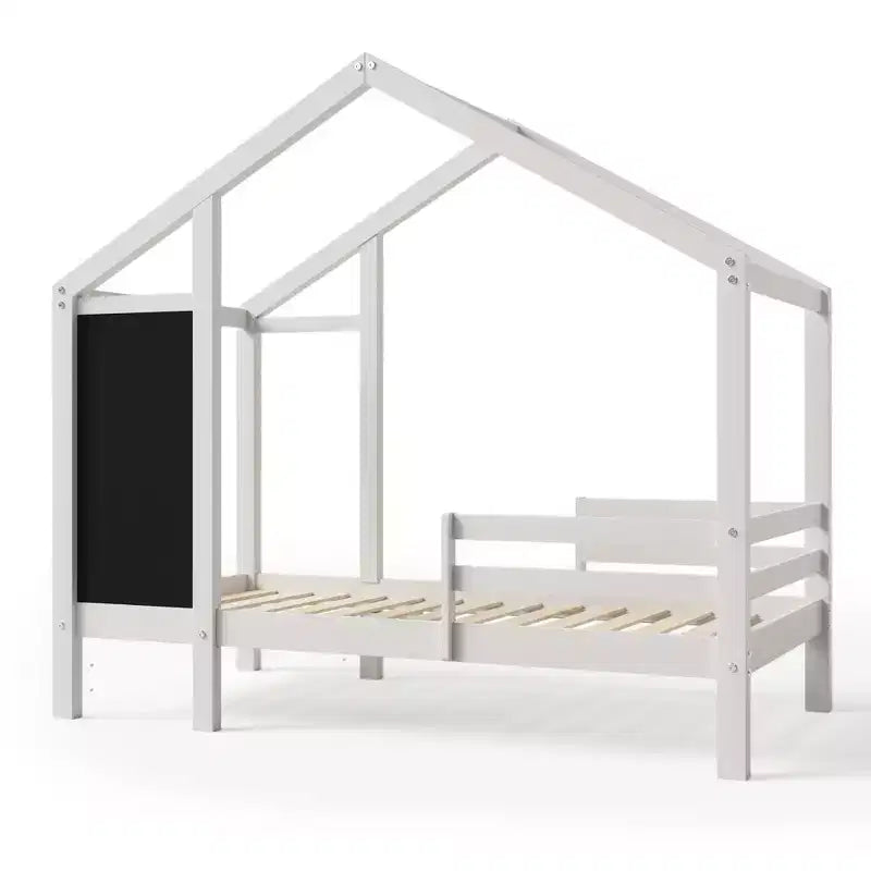 House Bed With 2 Large Drawers, Chalkboard and Fence, White