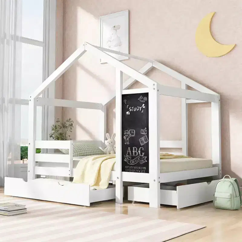 House Bed With 2 Large Drawers, Chalkboard and Fence, White