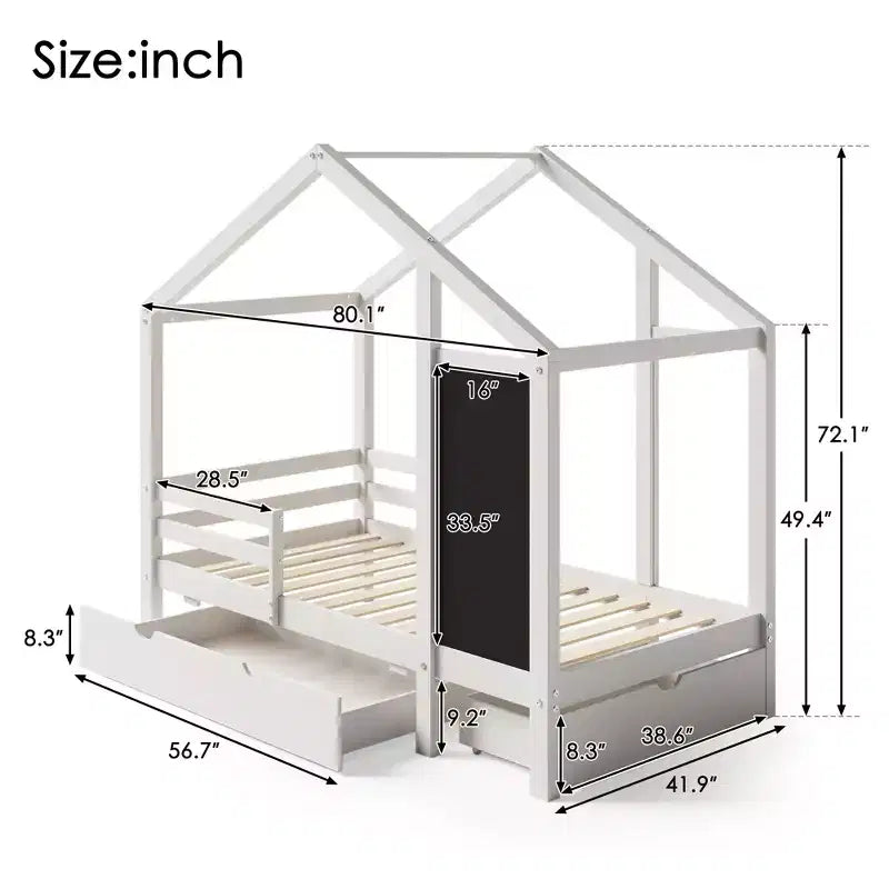 House Bed With 2 Large Drawers, Chalkboard and Fence, White
