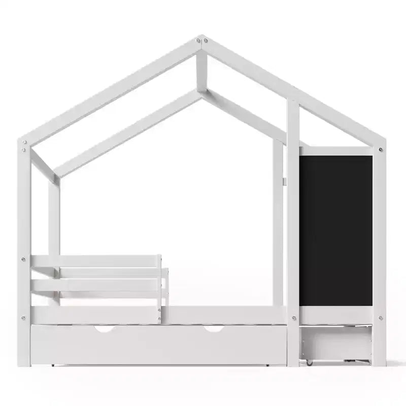 House Bed With 2 Large Drawers, Chalkboard and Fence, White