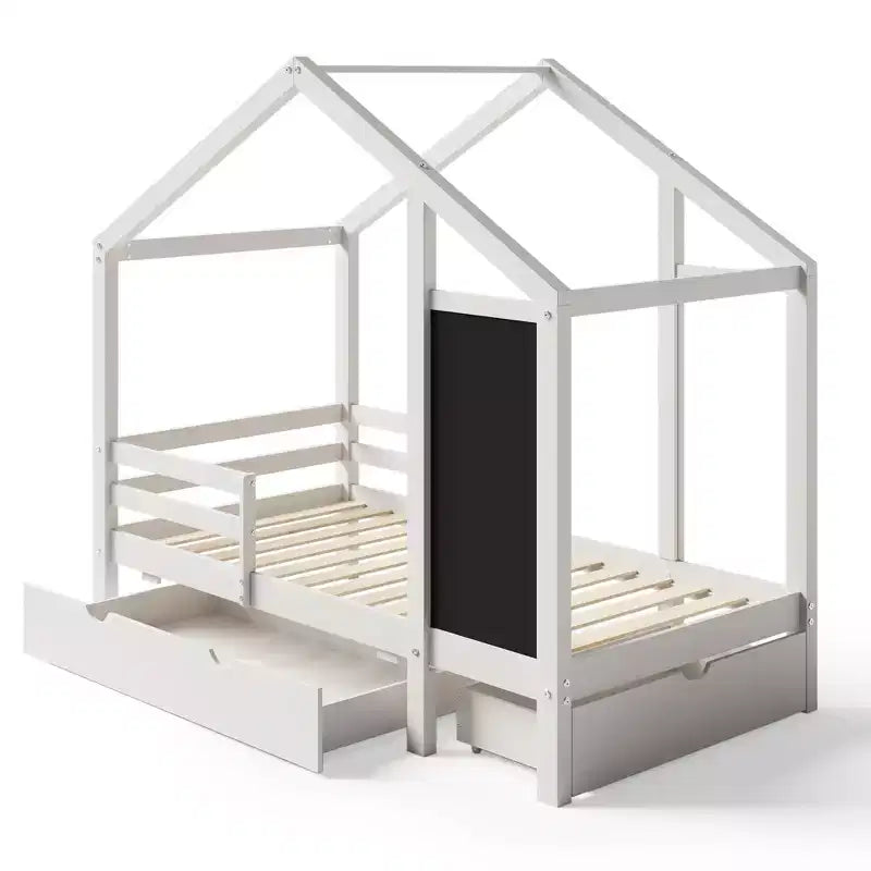 House Bed With 2 Large Drawers, Chalkboard and Fence, White