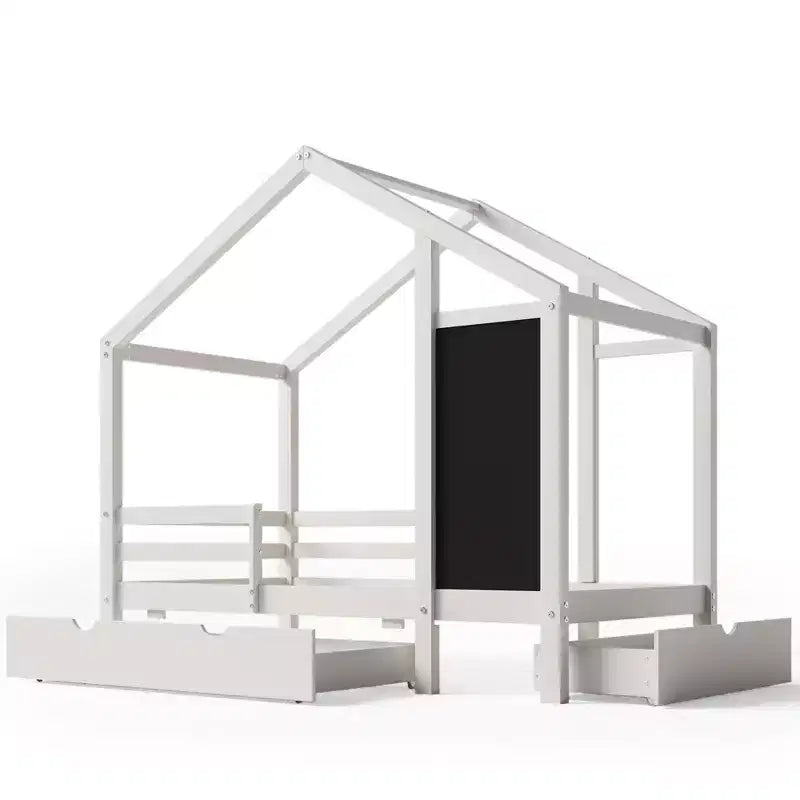 House Bed With 2 Large Drawers, Chalkboard and Fence, White
