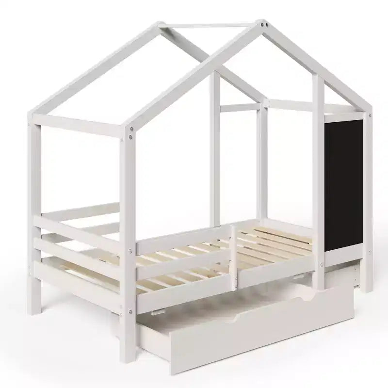 House Bed With 2 Large Drawers, Chalkboard and Fence, White