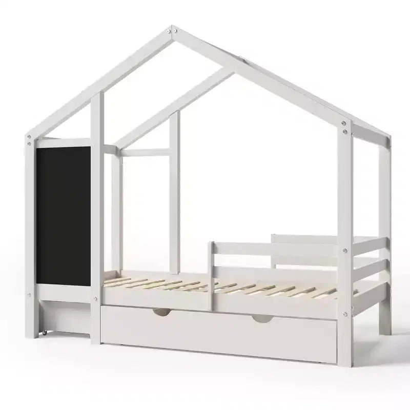 House Bed With 2 Large Drawers, Chalkboard and Fence, White