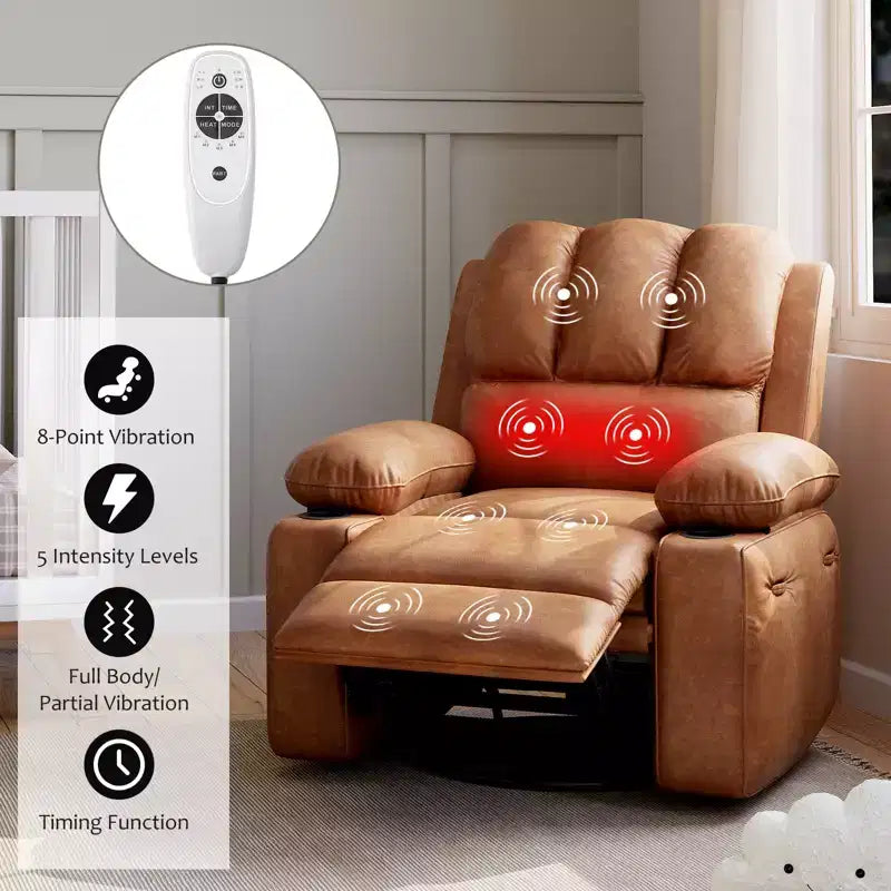 360 Swivel Recliner Chair with Massage PU Leather Manual Reclining Sofa, Cup Holders & Side Pocket, for Living Room