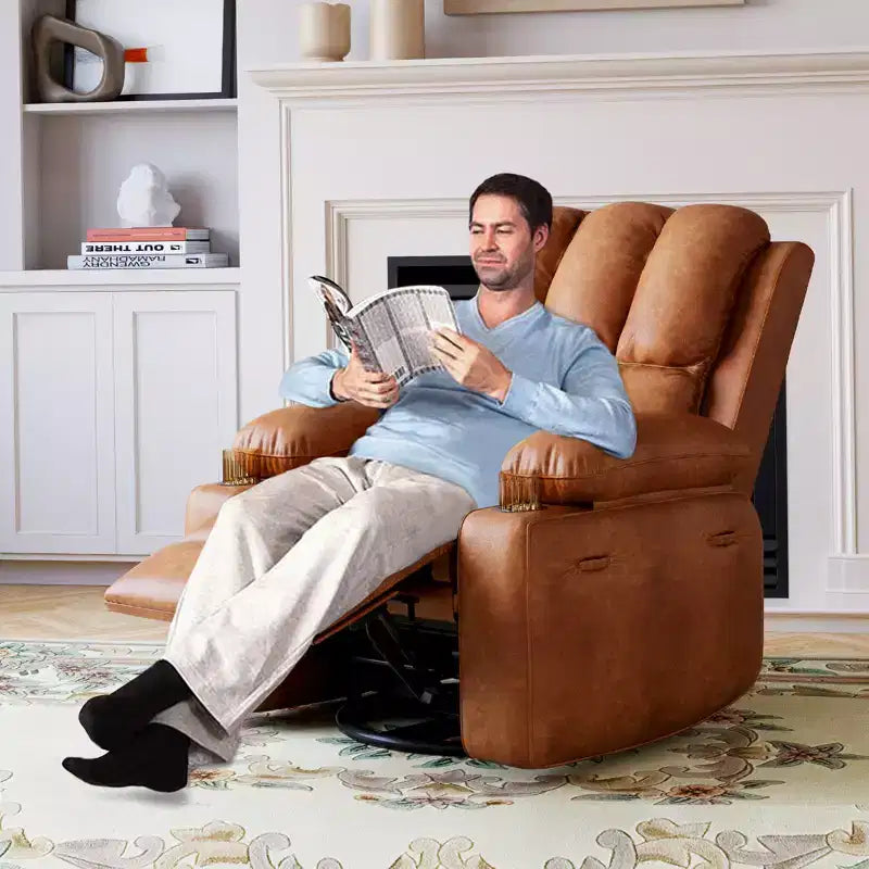 360 Swivel Recliner Chair with Massage PU Leather Manual Reclining Sofa, Cup Holders & Side Pocket, for Living Room