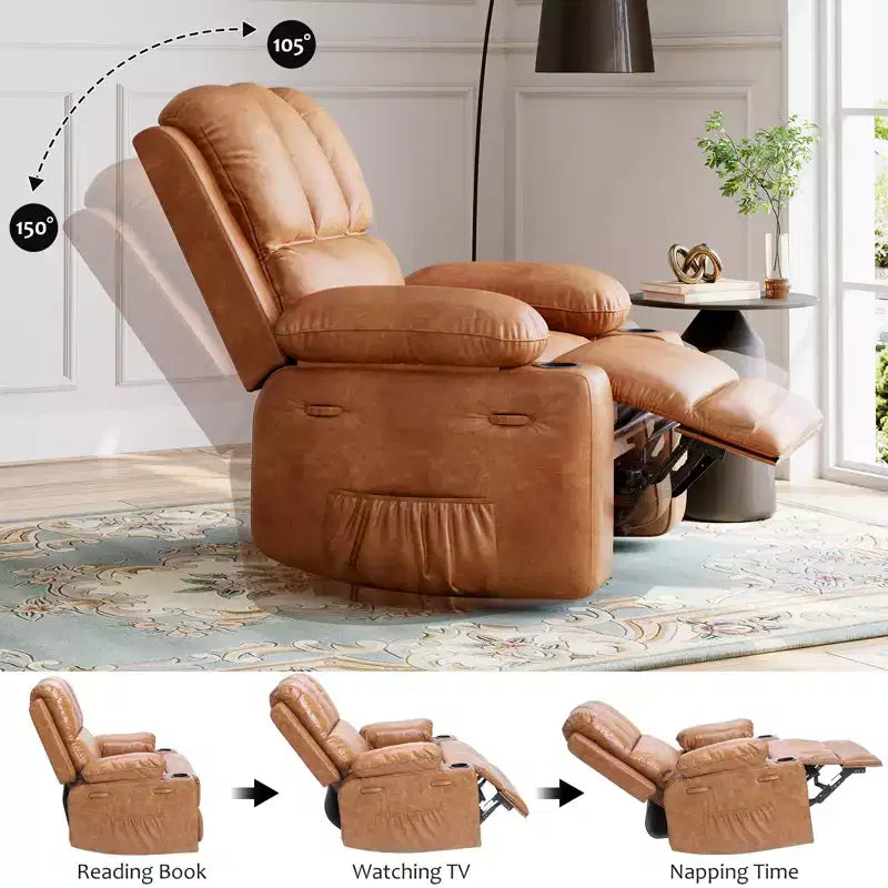 360 Swivel Recliner Chair with Massage PU Leather Manual Reclining Sofa, Cup Holders & Side Pocket, for Living Room