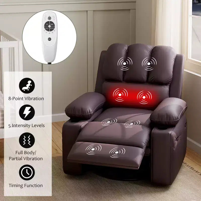 360 Swivel Recliner Chair with Massage PU Leather Manual Reclining Sofa, Cup Holders & Side Pocket, for Living Room
