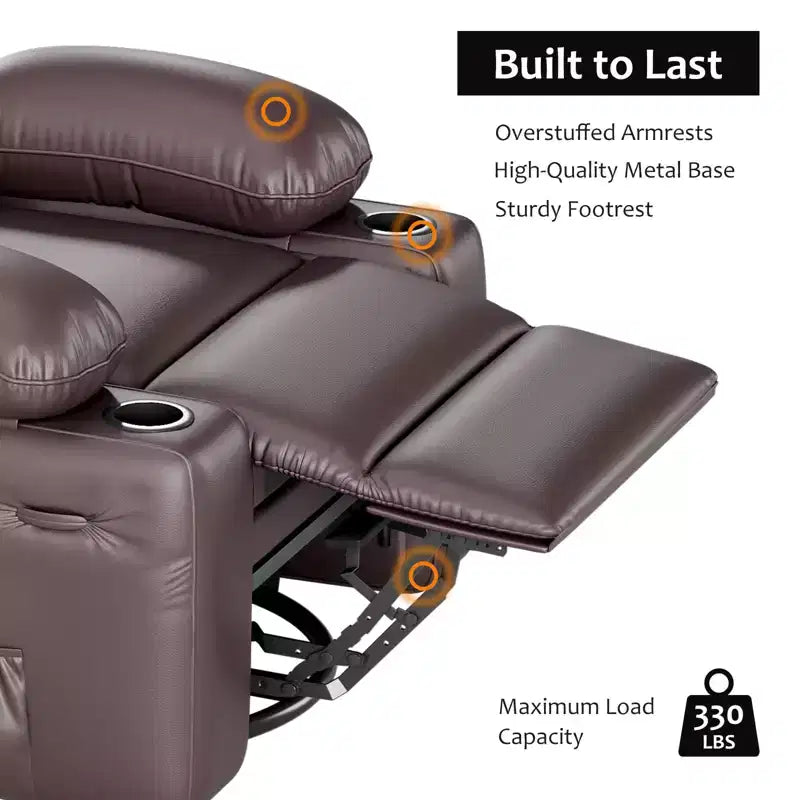 360 Swivel Recliner Chair with Massage PU Leather Manual Reclining Sofa, Cup Holders & Side Pocket, for Living Room