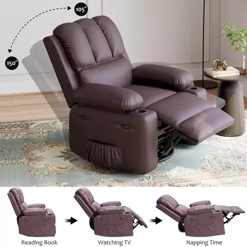 360 Swivel Recliner Chair with Massage PU Leather Manual Reclining Sofa, Cup Holders & Side Pocket, for Living Room