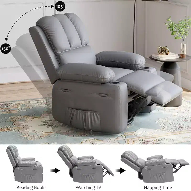360 Swivel Recliner Chair with Massage PU Leather Manual Reclining Sofa, Cup Holders & Side Pocket, for Living Room