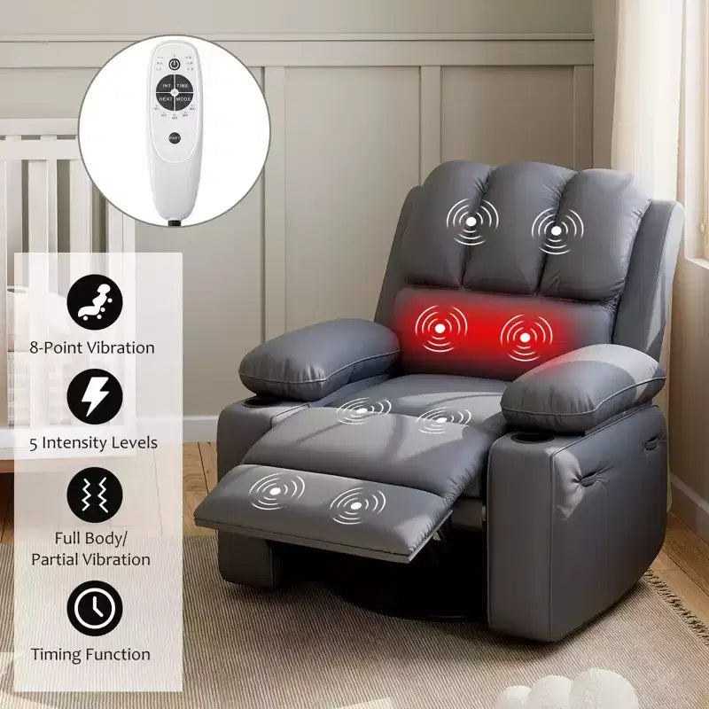 360 Swivel Recliner Chair with Massage PU Leather Manual Reclining Sofa, Cup Holders & Side Pocket, for Living Room