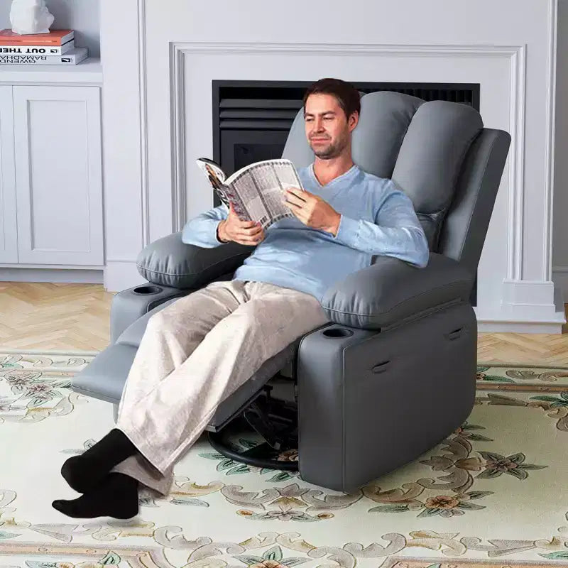360 Swivel Recliner Chair with Massage PU Leather Manual Reclining Sofa, Cup Holders & Side Pocket, for Living Room