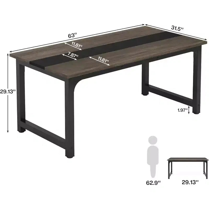 63-Inch Executive Desk, Large Office Computer Desk with Thick Frame, Modern Workstation for Home Office, Vintage Grey/Black