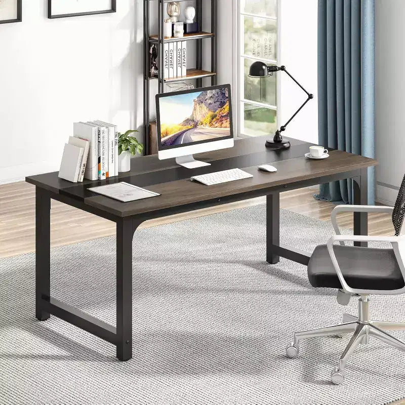 63-Inch Executive Desk, Large Office Computer Desk with Thick Frame, Modern Workstation for Home Office, Vintage Grey/Black