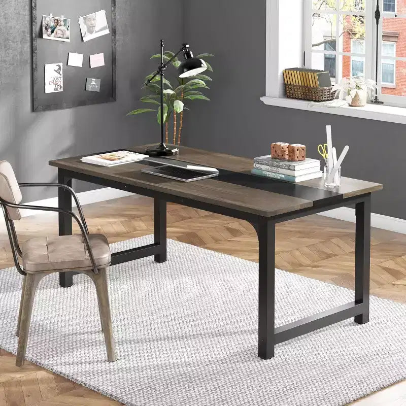 63-Inch Executive Desk, Large Office Computer Desk with Thick Frame, Modern Workstation for Home Office, Vintage Grey/Black