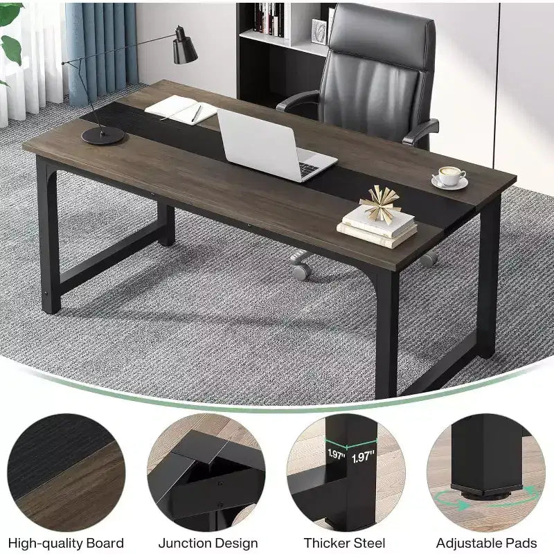 63-Inch Executive Desk, Large Office Computer Desk with Thick Frame, Modern Workstation for Home Office, Vintage Grey/Black