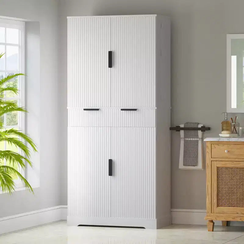 72 Tall Fluted Pantry Storage Cabinet Modern Minimalist Freestanding Wood Organizer Cabinet with Drawer, Door Rack, Pull Out Tray