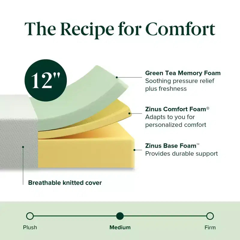 12 Inch Queen Green Tea Memory Foam Mattress, Medium Firm Feel, Zoned Pressure Relief, Certified Safe Foams & Fabric, Mattress in A Box