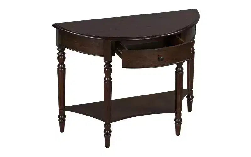 Farmhouse Half-Moon Console Table with Drawers and Shelves Rustic Side Table, Sofa Table for Living Room Rich Coffee Brown