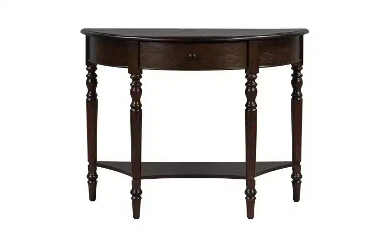 Farmhouse Half-Moon Console Table with Drawers and Shelves Rustic Side Table, Sofa Table for Living Room Rich Coffee Brown
