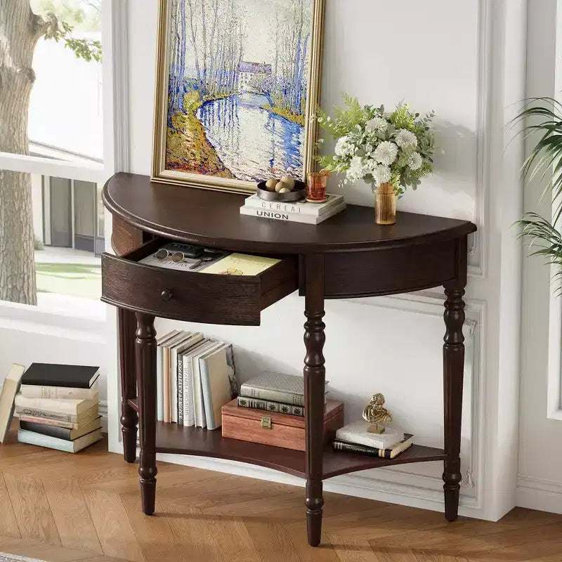 Farmhouse Half-Moon Console Table with Drawers and Shelves Rustic Side Table, Sofa Table for Living Room Rich Coffee Brown