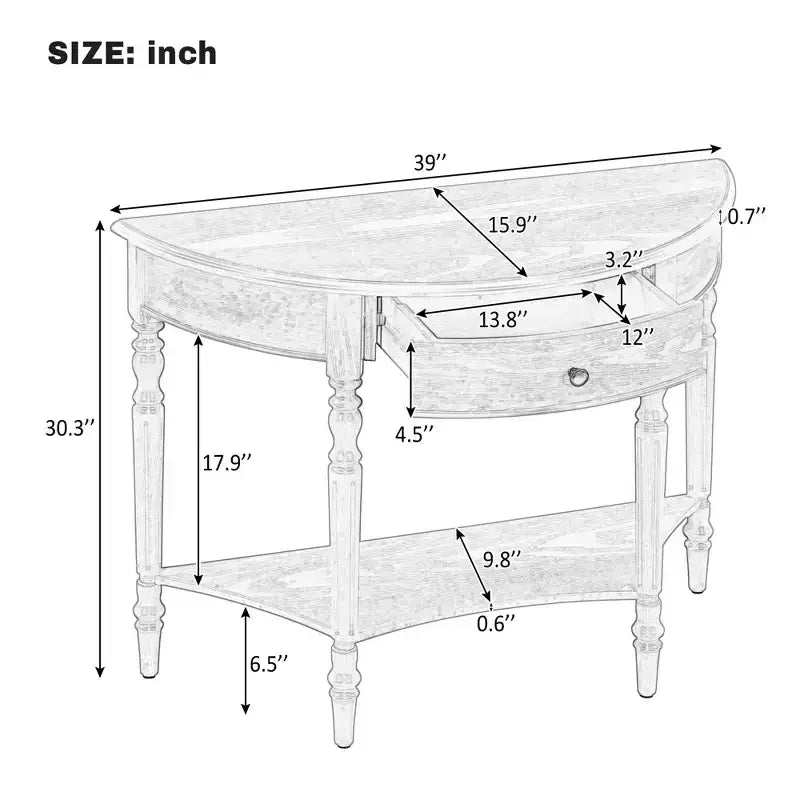 Farmhouse Half-Moon Console Table with Drawers and Shelves Rustic Side Table, Sofa Table for Living Room Rich Coffee Brown