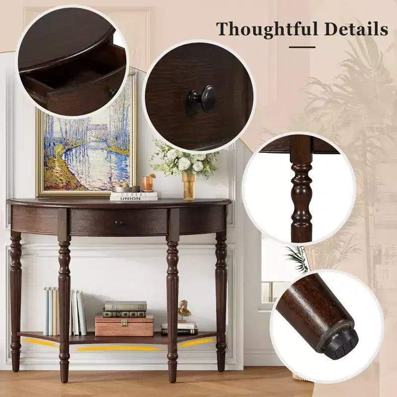 Farmhouse Half-Moon Console Table with Drawers and Shelves Rustic Side Table, Sofa Table for Living Room Rich Coffee Brown