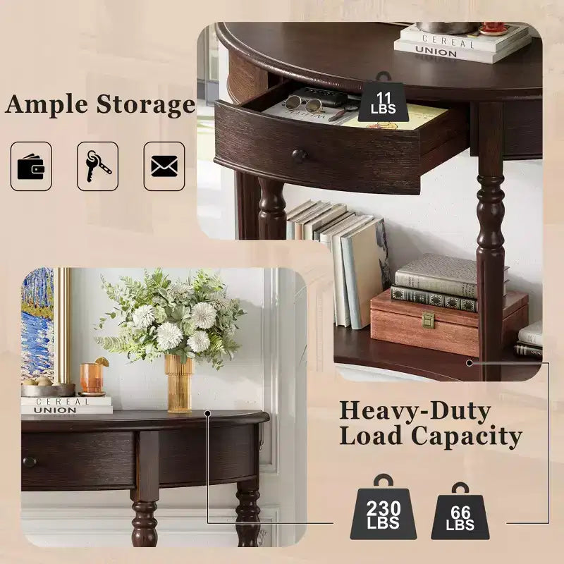 Farmhouse Half-Moon Console Table with Drawers and Shelves Rustic Side Table, Sofa Table for Living Room Rich Coffee Brown