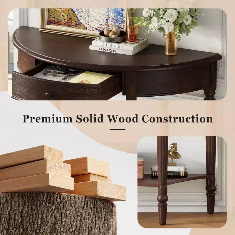Farmhouse Half-Moon Console Table with Drawers and Shelves Rustic Side Table, Sofa Table for Living Room Rich Coffee Brown
