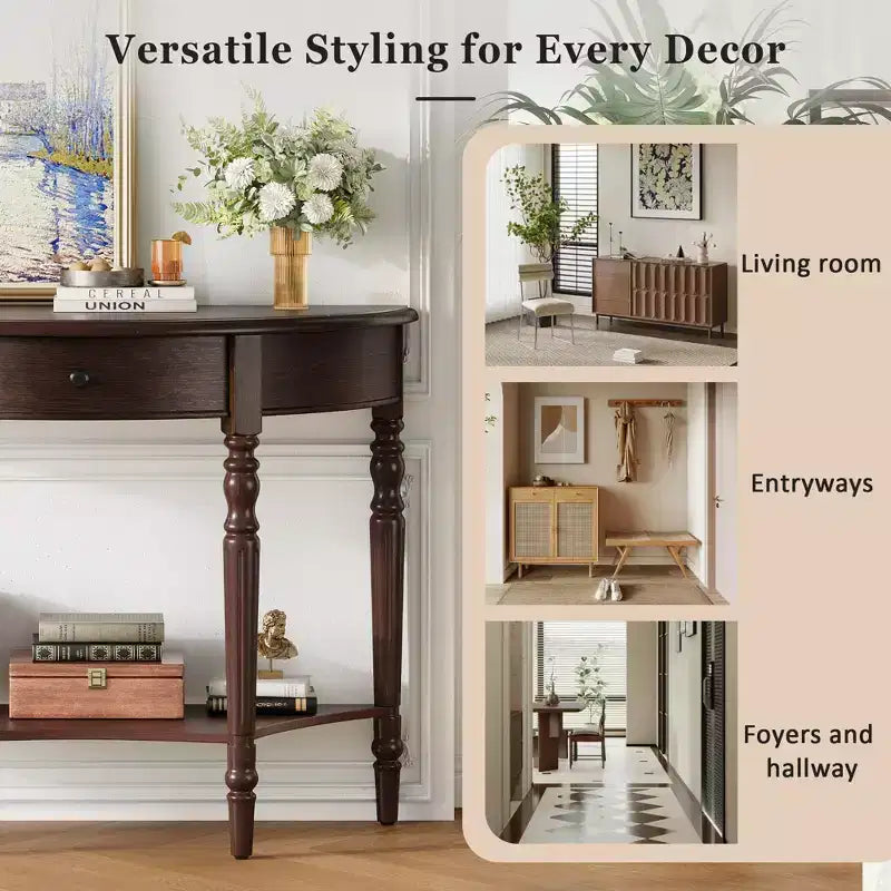 Farmhouse Half-Moon Console Table with Drawers and Shelves Rustic Side Table, Sofa Table for Living Room Rich Coffee Brown