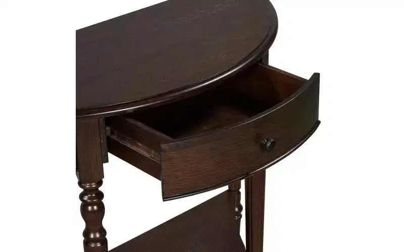 Farmhouse Half-Moon Console Table with Drawers and Shelves Rustic Side Table, Sofa Table for Living Room Rich Coffee Brown