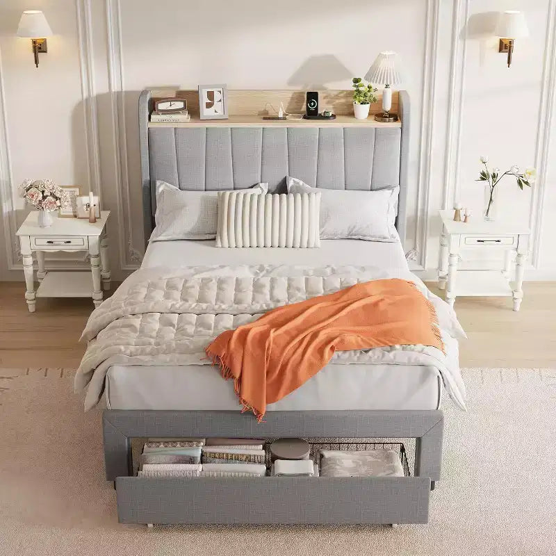 Twin Upholstered Bed Frame with Storage Headboard, Drawer & Charging Station, for Bedroom, No Box Spring Needed