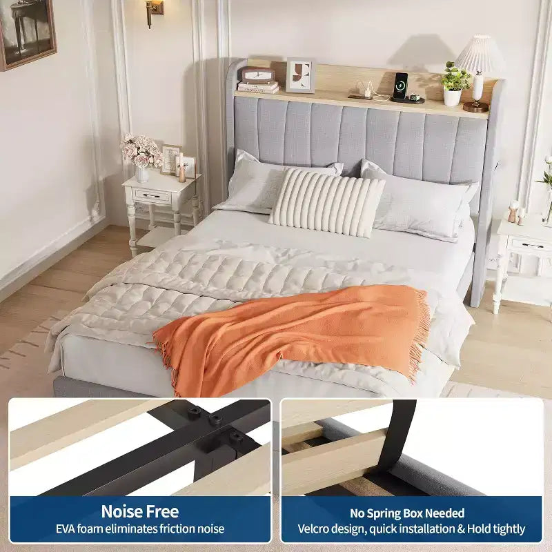 Twin Upholstered Bed Frame with Storage Headboard, Drawer & Charging Station, for Bedroom, No Box Spring Needed