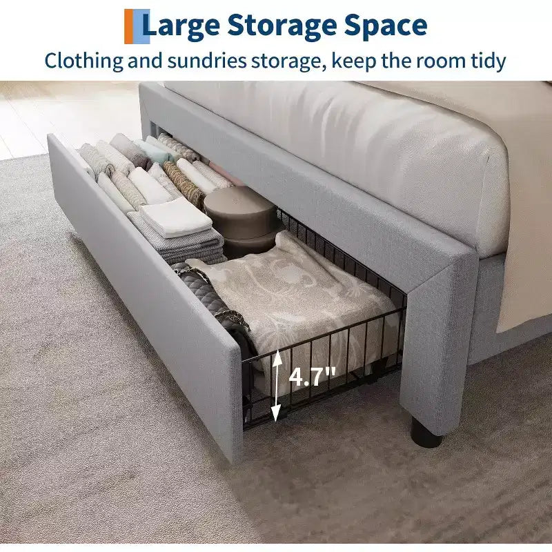 Twin Upholstered Bed Frame with Storage Headboard, Drawer & Charging Station, for Bedroom, No Box Spring Needed
