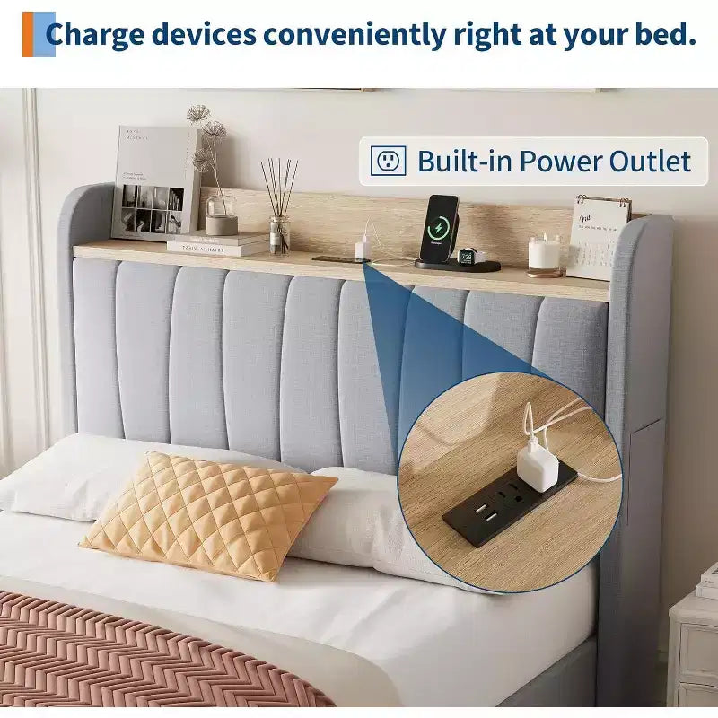 Twin Upholstered Bed Frame with Storage Headboard, Drawer & Charging Station, for Bedroom, No Box Spring Needed