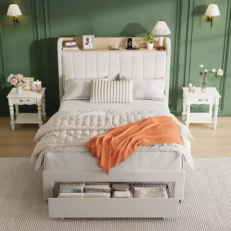 Twin Upholstered Bed Frame with Storage Headboard, Drawer & Charging Station, for Bedroom, No Box Spring Needed