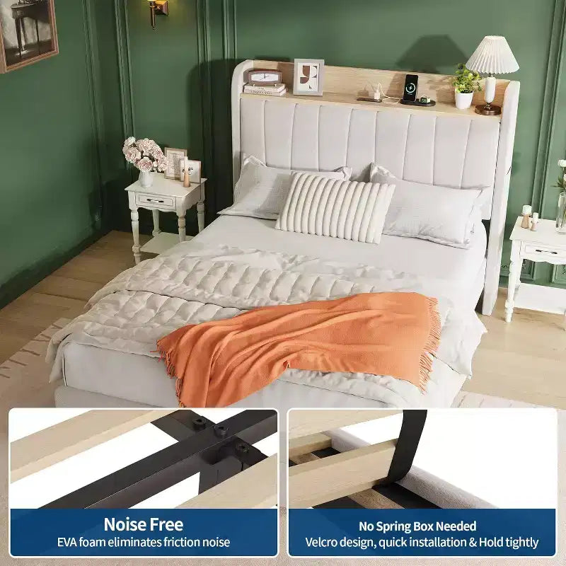 Twin Upholstered Bed Frame with Storage Headboard, Drawer & Charging Station, for Bedroom, No Box Spring Needed