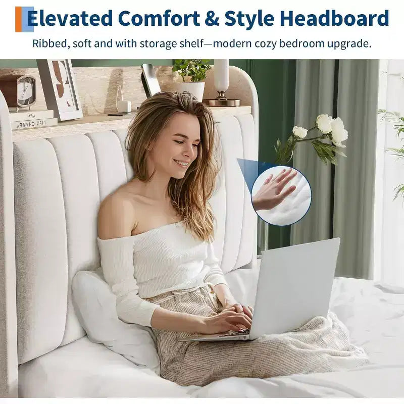 Twin Upholstered Bed Frame with Storage Headboard, Drawer & Charging Station, for Bedroom, No Box Spring Needed