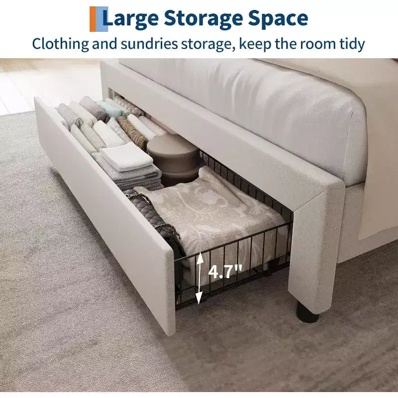 Twin Upholstered Bed Frame with Storage Headboard, Drawer & Charging Station, for Bedroom, No Box Spring Needed