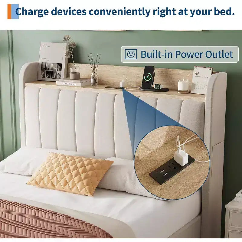 Twin Upholstered Bed Frame with Storage Headboard, Drawer & Charging Station, for Bedroom, No Box Spring Needed