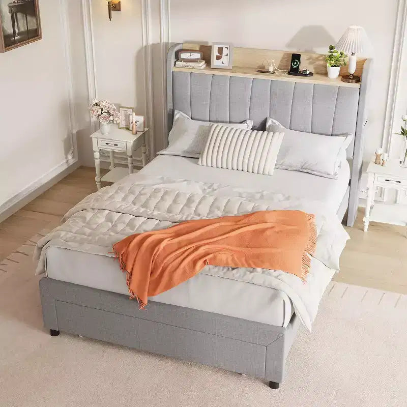 Twin Upholstered Bed Frame with Storage Headboard, Drawer & Charging Station, for Bedroom, No Box Spring Needed