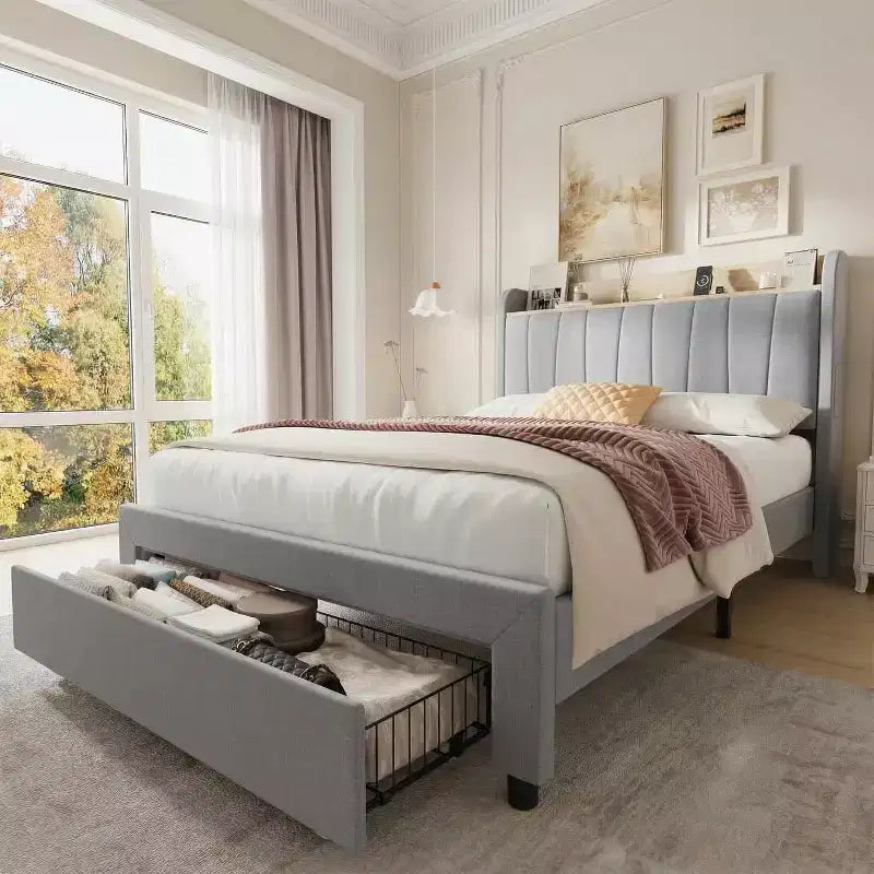 Twin Upholstered Bed Frame with Storage Headboard, Drawer & Charging Station, for Bedroom, No Box Spring Needed