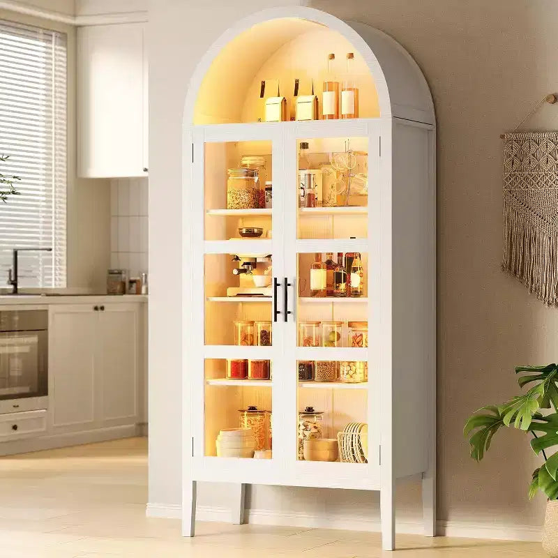 71 Inch High Arched Storage Closet with 3 Color Lights, 5-Level Kitchen Pantry Cabinet with Glass Doors, Versatile Arched Dining Room Shelf