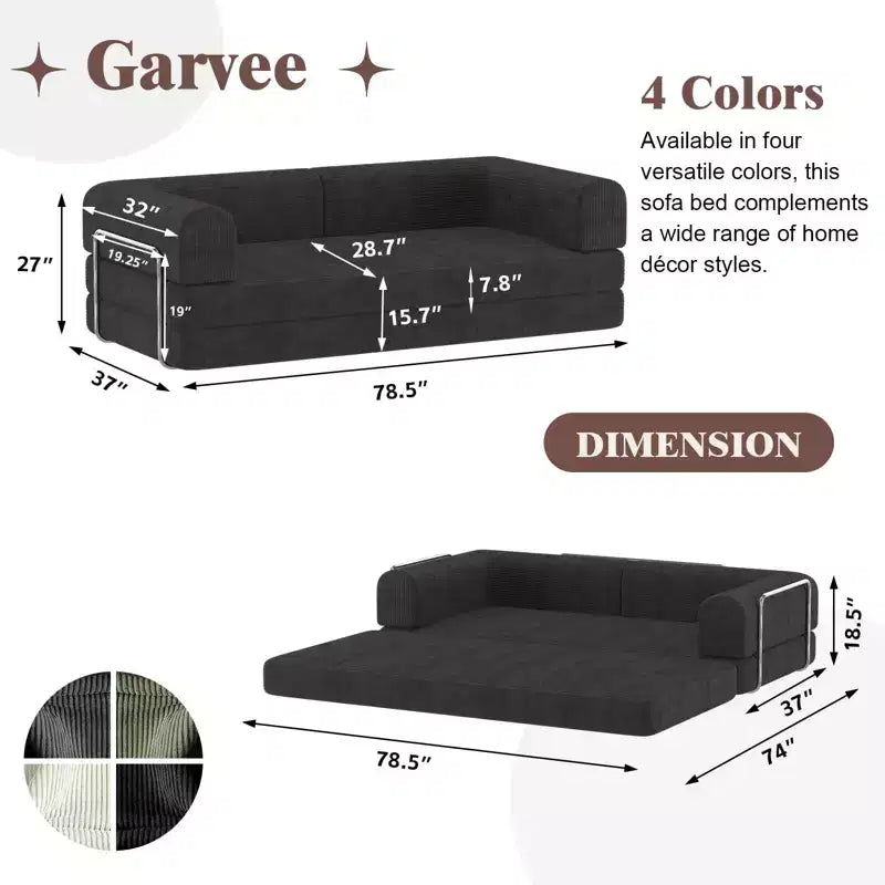 Convertible Corduroy Sleeper Sofa Bed, 3 Seater Folding Mattress Couch, No Assembly Floor Futon for Living Room Dorm Studio