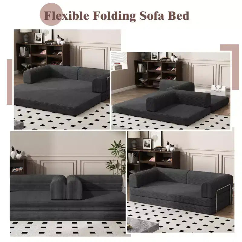 Convertible Corduroy Sleeper Sofa Bed, 3 Seater Folding Mattress Couch, No Assembly Floor Futon for Living Room Dorm Studio