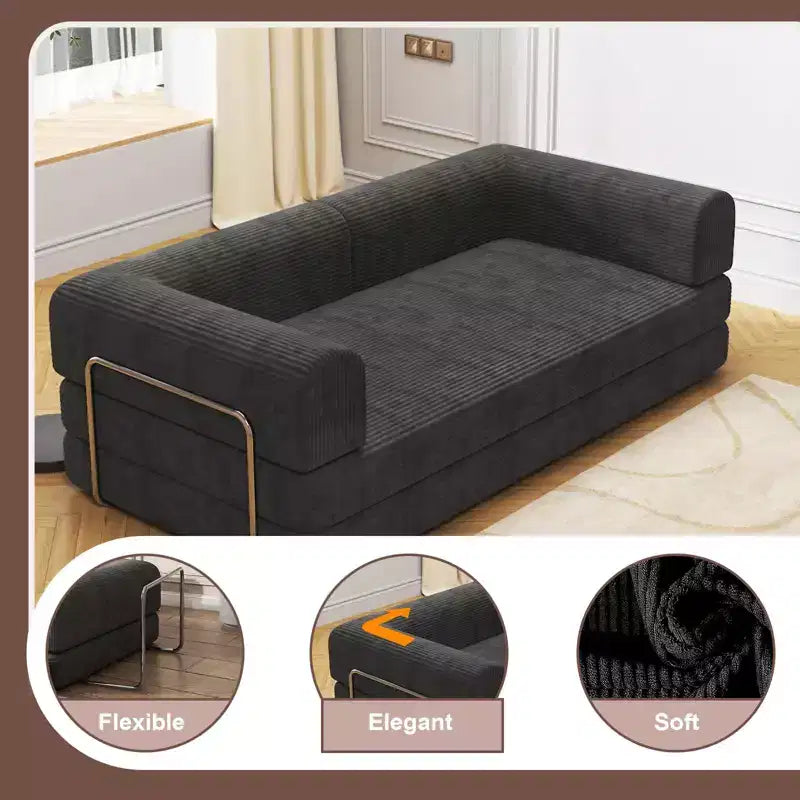 Convertible Corduroy Sleeper Sofa Bed, 3 Seater Folding Mattress Couch, No Assembly Floor Futon for Living Room Dorm Studio
