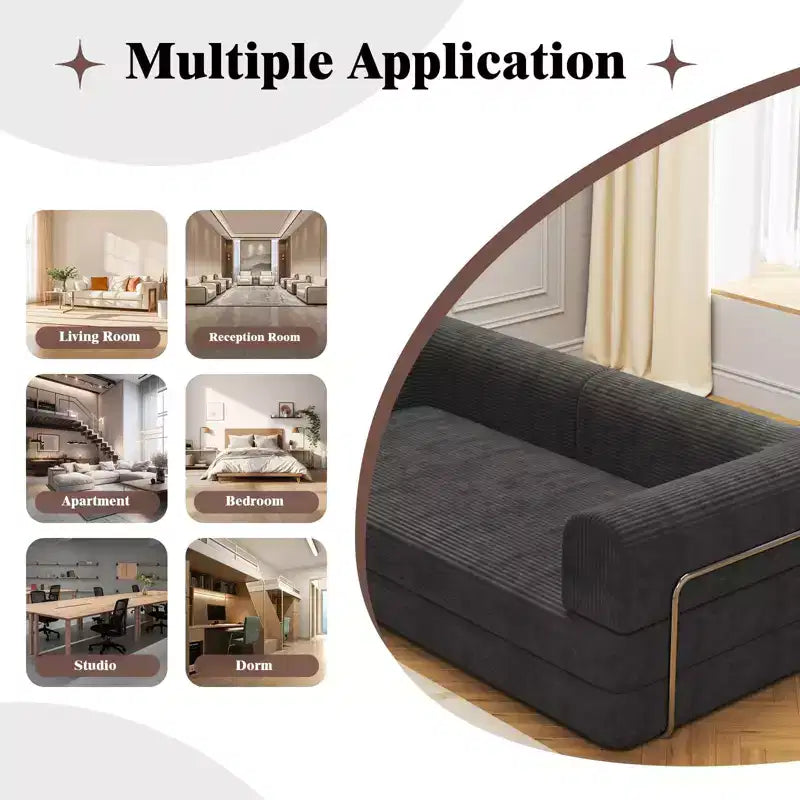 Convertible Corduroy Sleeper Sofa Bed, 3 Seater Folding Mattress Couch, No Assembly Floor Futon for Living Room Dorm Studio