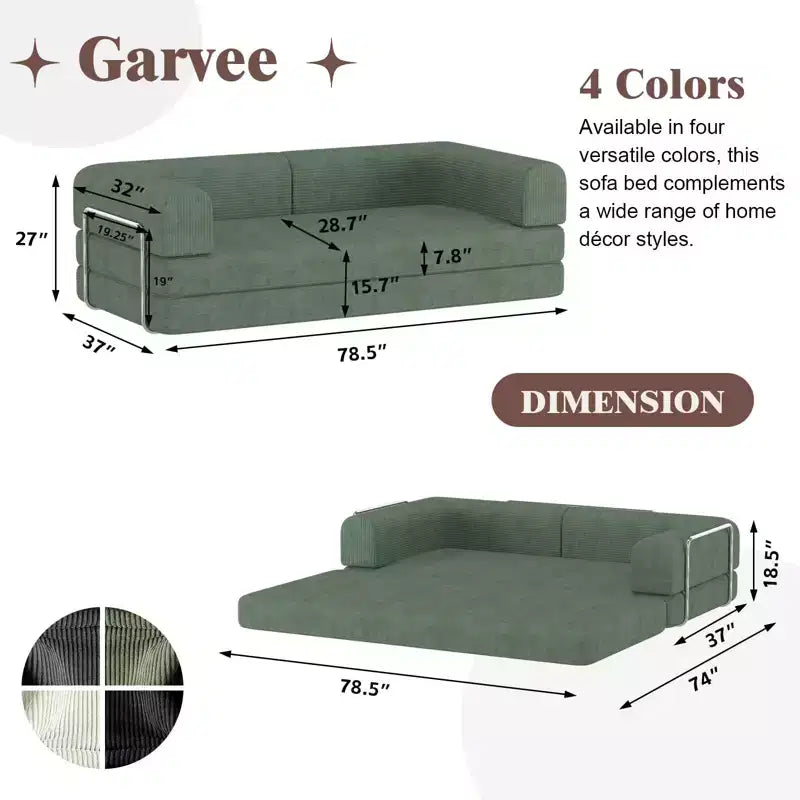 Convertible Corduroy Sleeper Sofa Bed, 3 Seater Folding Mattress Couch, No Assembly Floor Futon for Living Room Dorm Studio